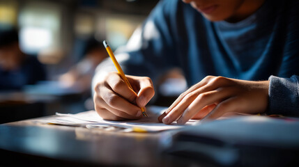 Faceless student writing final exam in classroom hand moving pen across test paper answering questions carefully end of term assessment desk with examination materials concent