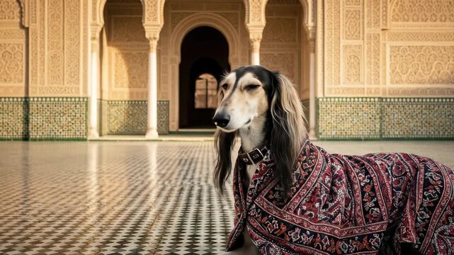 Elegantly attired dog resting in ornate courtyard with detailed mosaic patterns