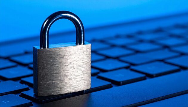 Un candado de acero inoxidable colocado sobre un teclado oscuro con luz azul simbolizando la seguridad inform&aacute;tica y la privacidad de la red global.