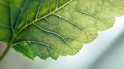 Obraz premium Close up of a green leaf with visible vein structure. Natural texture detail. Concept for nature, growth, and organic design.