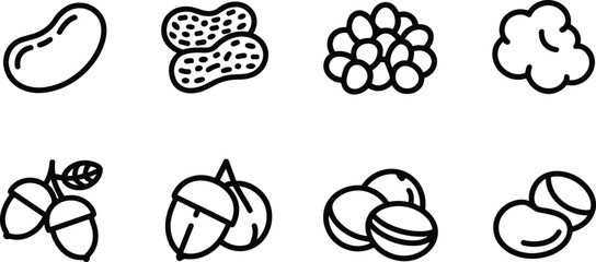 Beans, nuts and seeds line icon collection with peanut shells, acorns, almonds and cotton flower outline vector set © rakib's world