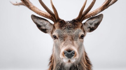 Male deer face portrait on white background. Wild animal in winter season. Wildlife nature close up with large antlers.
