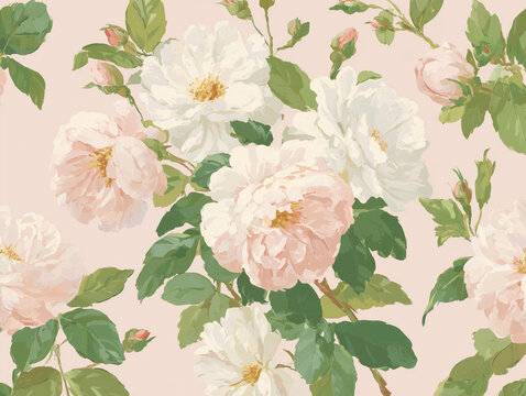 a seamless pattern with preppy watercolor floral ogee featuring periwinkle, purple and pink roses and light green leaves and vines with pink accents on a white background. 