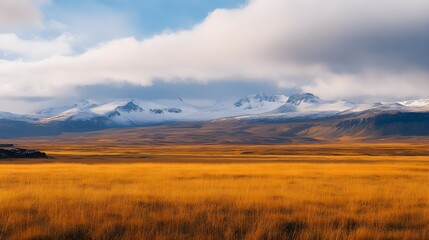 Fototapeta premium Golden autumn grass field with snow capped mountains