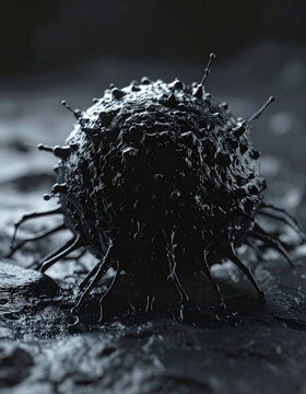 Black cancer cell on textured dark surface, detailed cellular structure, scientific and oncology research