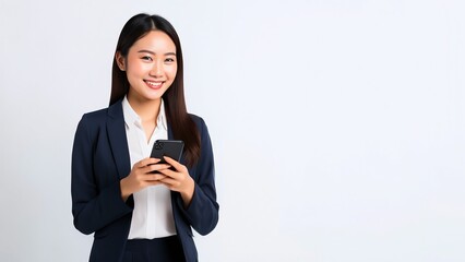 スマホを持つ笑顔の若い女性ビジネスウーマン