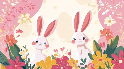 Fototapeta premium Cute illustration of adorable white bunnies in a spring flower garden, ideal for lifestyle and nursery decor.