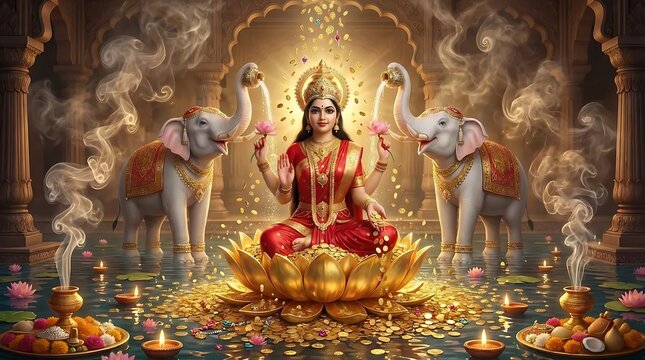 Hindu goddess Lakshmi sitting on lotus flower with gold coins and elephants in divine temple water ritual celebration