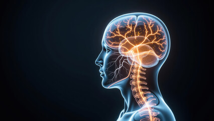 Human brain nervous system anatomy head neck nerves medical science health glowing digital illustration