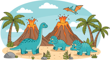 Dinosaurs with volcano eruption prehistoric landscape and flying pterosaur vector illustration © EdGe Creative