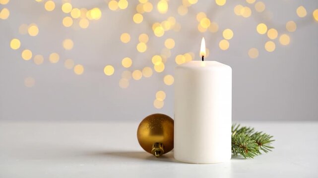 Elegant white burning candle with festive golden ornament and pine branch.