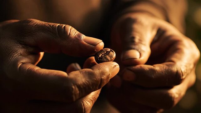 Close-up of adult man holding coffee bean in hand, inspecting bean quality.