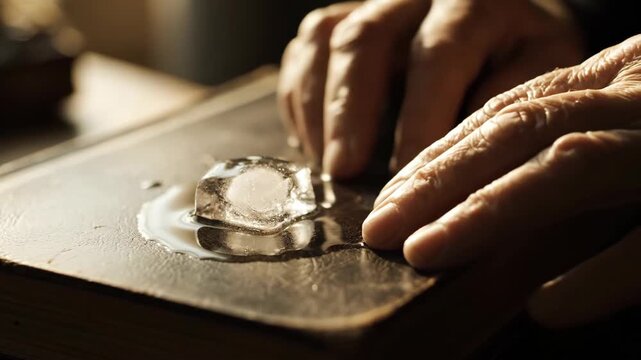 Melting ice cube on old leather book surface with droplets. Conceptual shot.
