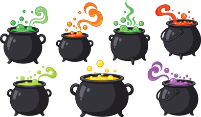 Colorful Witch Cauldrons Boiling with Steam on White Background