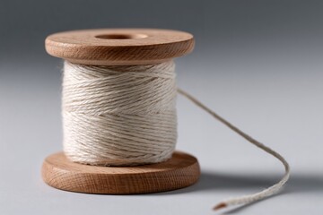 Wooden spool with natural twine on gray background