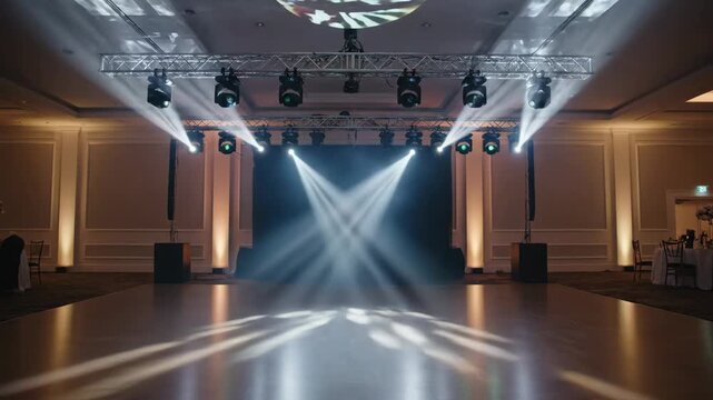 Stage lighting setup in an event hall with colorful beams illuminating the dance floor, creating a vibrant atmosphere for celebrations and gatherings