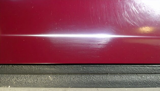 Detalle de carrocer&iacute;a de autom&oacute;vil color granate mostrando imperfecciones en el barniz y reflejos de luz sobre la moldura negra de pl&aacute;stico.