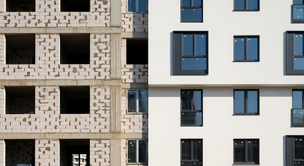 Naklejka premium Sleek apartment building transformation featuring raw cinder block frames next to a sophisticated white and grey finished facade.
