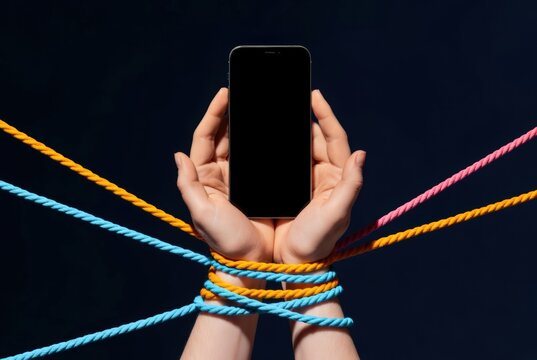 Woman arm hand tied with ropes holding mobile phone. Smartphone addiction concept of digital dependency and social media overuse.