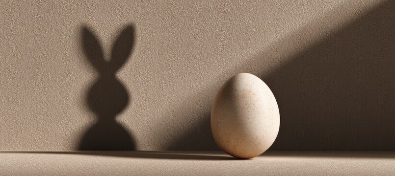 smooth egg balanced upright, rabbit shadow under bright light