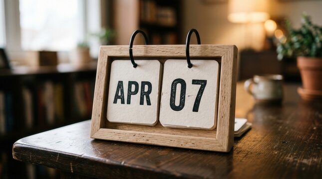 Wooden flip calendar displaying April 7th on a rustic wooden table indoors.