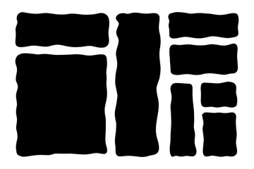Organic wavy rectangle set. Hand-drawn abstract playful shapes, frames and text boxes. Curvy and irregular geometric borders in black. Modern flat doodle elements isolated on white background.