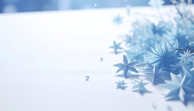 Composici&oacute;n elegante de estrellas de hielo y copos de nieve azules sobre fondo blanco minimalista ideal para felicitaciones de Navidad.