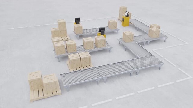 Isometric 3D Animation of Automated Conveyor Belt with Shipping Boxes in Modern Warehouse.