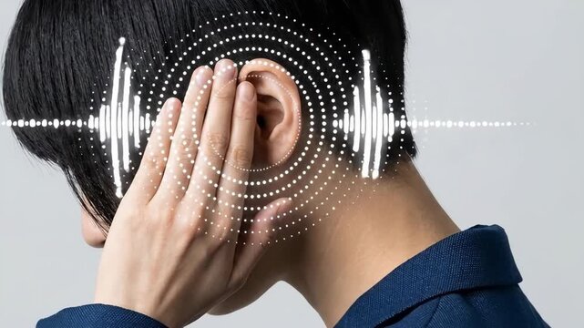 Man with hand over ear and sound waves for hearing aid concept. Digital visualization of audio signal for hearing health.