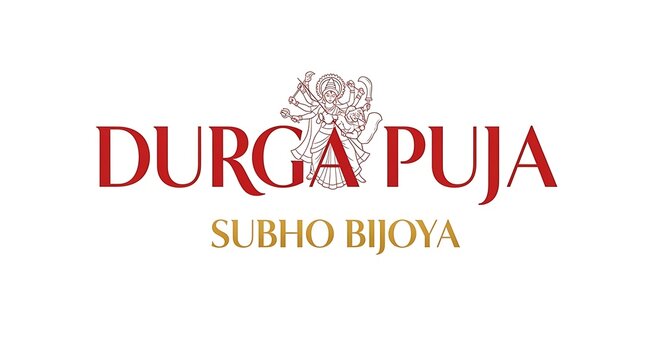Durga Puja Festival Greeting Card with Traditional Indian Calligraphy and Floral Motifs - Subho Bijoya Celebration