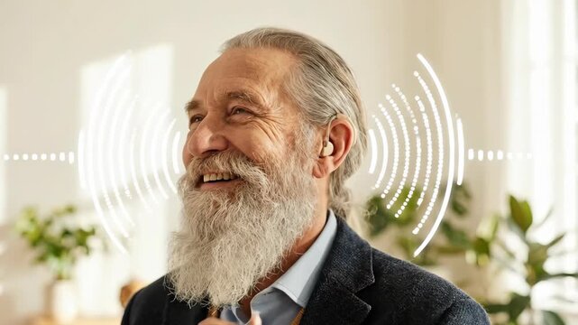Elderly man with a hearing aid and sound waves, concept for improved hearing and audiology