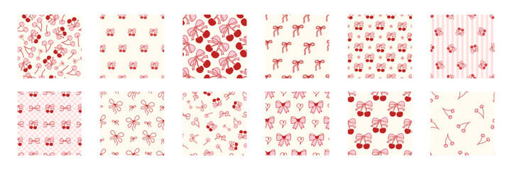 Seamless cherry pattern set with pink bows and hearts. Cute coquette design for fabric, wallpaper, or Valentine's Day backgrounds. Perfect girly print with ribbon accents and fruit motifs.