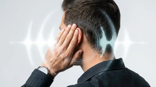 Man attempting to hear better with hand cupped behind ear. Hearing loss, tinnitus and auditory health concept for clinic.