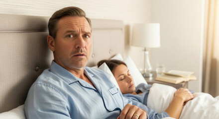Obraz premium Man lying awake beside sleeping partner in bright bedroom, relationship concern and insomnia in morning light
