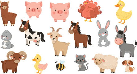 Fototapeta premium Cute farm animals collection with pig horse sheep duck rabbit and livestock vector illustration set