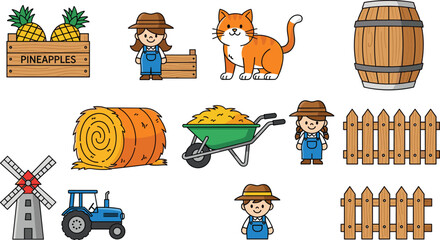 Farm elements collection with farmer tractor hay bale animals and agriculture tools vector illustration set © EdGe Creative