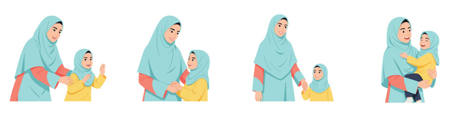 Fototapeta premium Mother and daughter in hijab, various poses with transparent background
