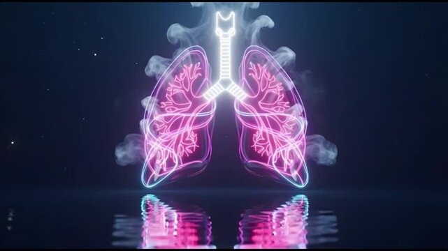 Glowing pink lungs with trachea and bronchi, neon-lit, reflected on water surface, against dark background with stars, in a video animation clip.