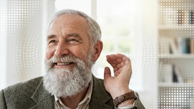 Elderly man with a hearing aid and sound waves, concept for improved hearing and audiology
