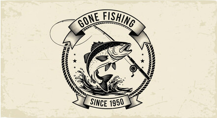 Vintage fishing emblem featuring a leaping fish and fishing rod, since 1950. © Rian