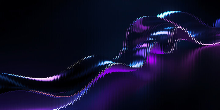 Dark abstract futuristic background. Iridescent fluid wave render. Glass prism light refraction. Rainbow gradient flare. Smooth transition. Bright glow shimmer. Neon metallic blur texture.