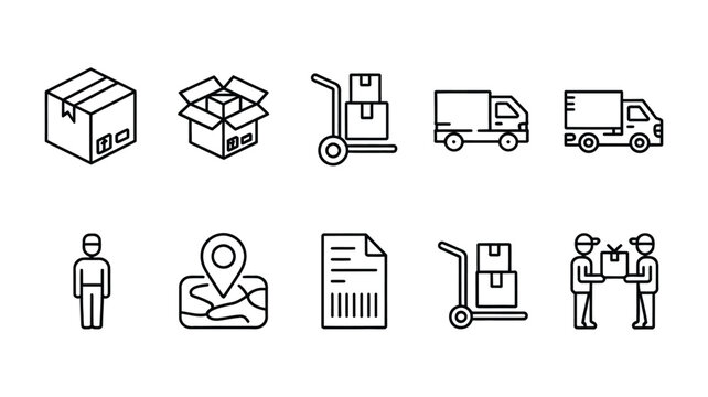 Delivery and moving service outline icon collection, logistics shipping and transportation theme, courier cargo distribution and warehouse management symbols, tracking system packaging box and deliver
