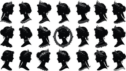 Elegant Collection of Victorian Queen Silhouettes Featuring Vintage Royal Women with Tiaras Ornate Jewelry and Classic Hairstyles in Detailed Black Profile Cameo Illustrations © MdHasanAli