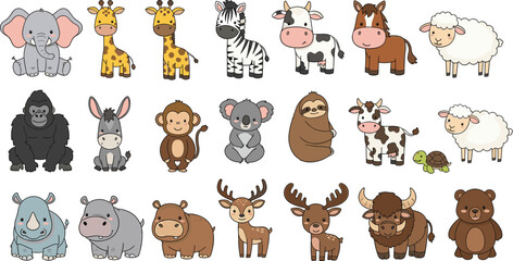 Fototapeta premium Cute wild and farm animals collection cartoon character wildlife vector illustration set