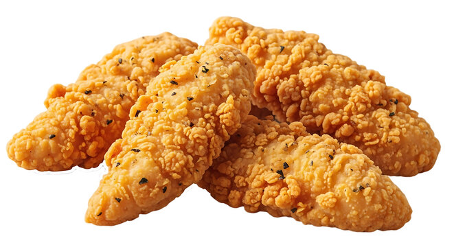 A pile of crispy breaded chicken strips on a white background