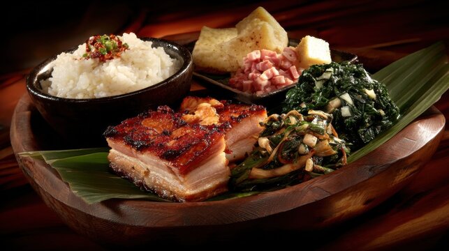 Artfully arranged roasted Babi Guling suckling pig dish with rice and vegetables