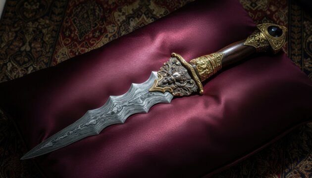 Elaborately Ornate Ceremonial Kris Dagger with Patterned Steel Blade and Gilt Embellishments