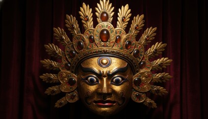 Obraz premium Gilded Wooden Mask With Expressive Painted Features and Ornate Headdress