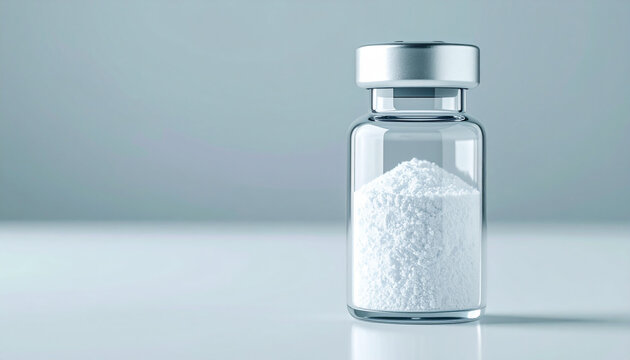 Clear glass vial with white titanium dioxide powder, laboratory sample for cosmetics and pharmaceutical