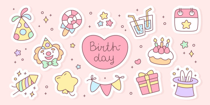 Kawaii birthday sticker set. Cute pastel party collection with cake, clown, gift box, balloons, drinks, confetti, bunting, magic hat and festive decorations. Vector 10 EPS.